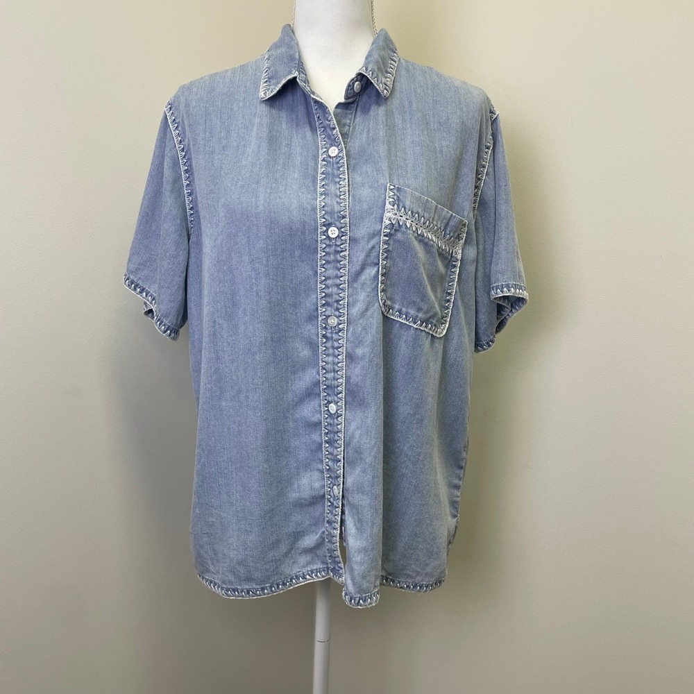 Rails Lea Denim Shirt L Short Sleeve Blanket Stitch Blue Medium Cloud Wash - Picture 4 of 16